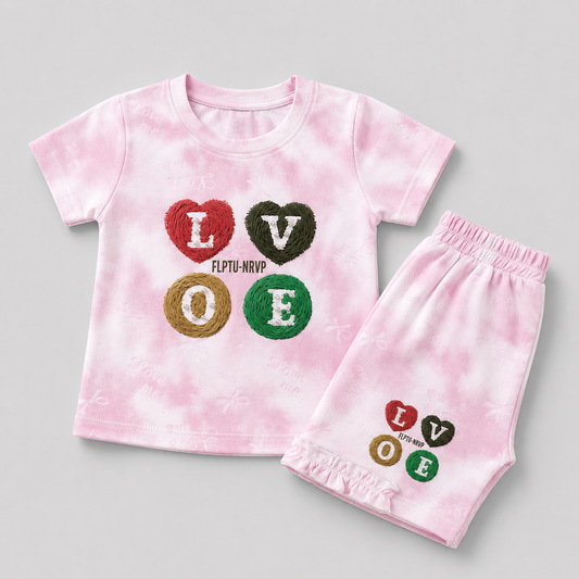 Cute LOVE Printed Girls Co-Ord Set