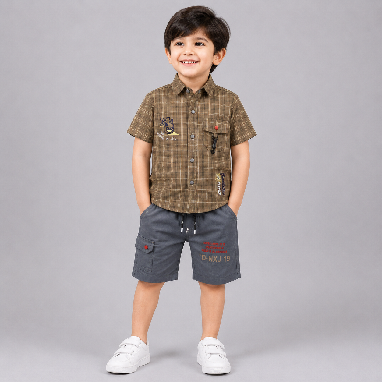 Smart Plaid Boys Summer Cargo Set