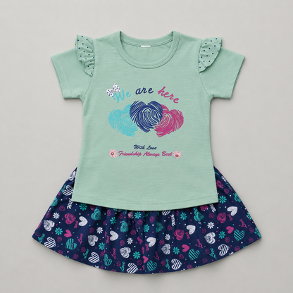 Mint Heart Print Girls Skirt Set