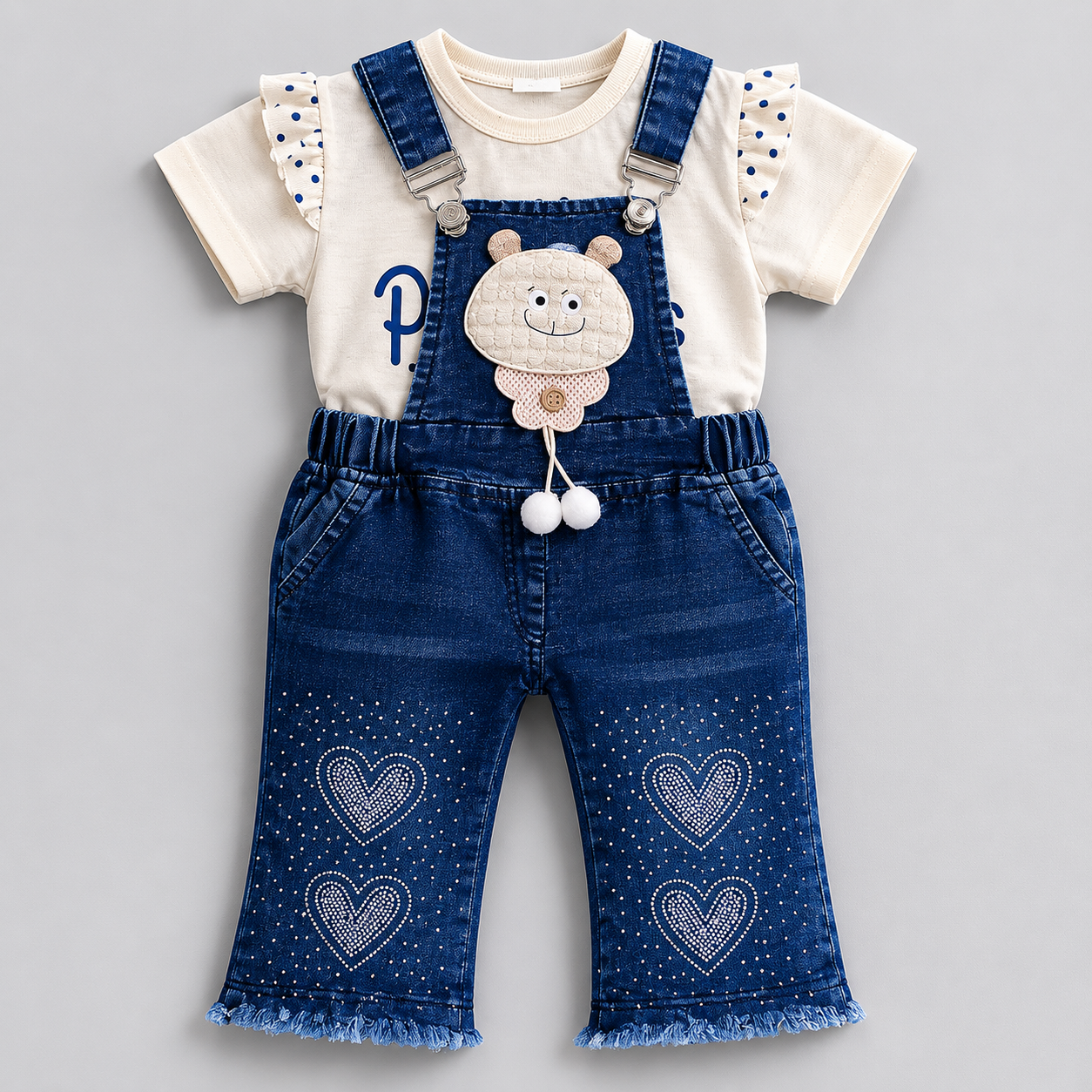 Cute Bear Denim Dungaree Girls Set