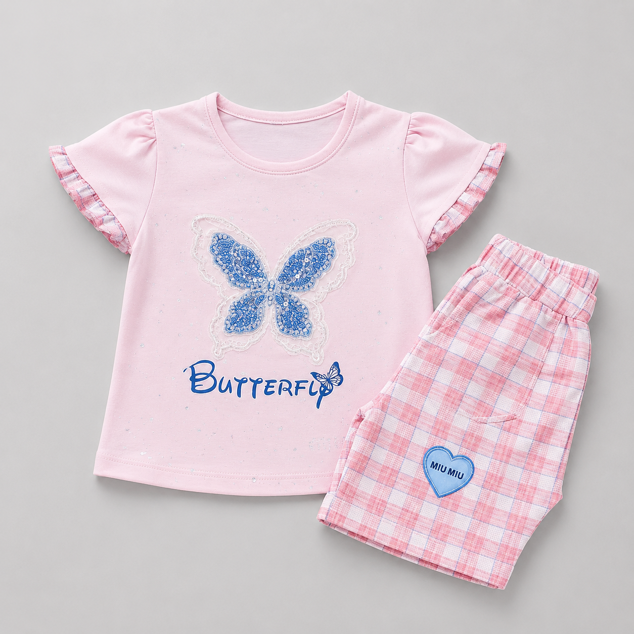 Butterfly Plaid Summer Girls Shorts Set