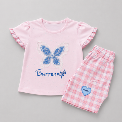 Butterfly Plaid Summer Girls Shorts Set