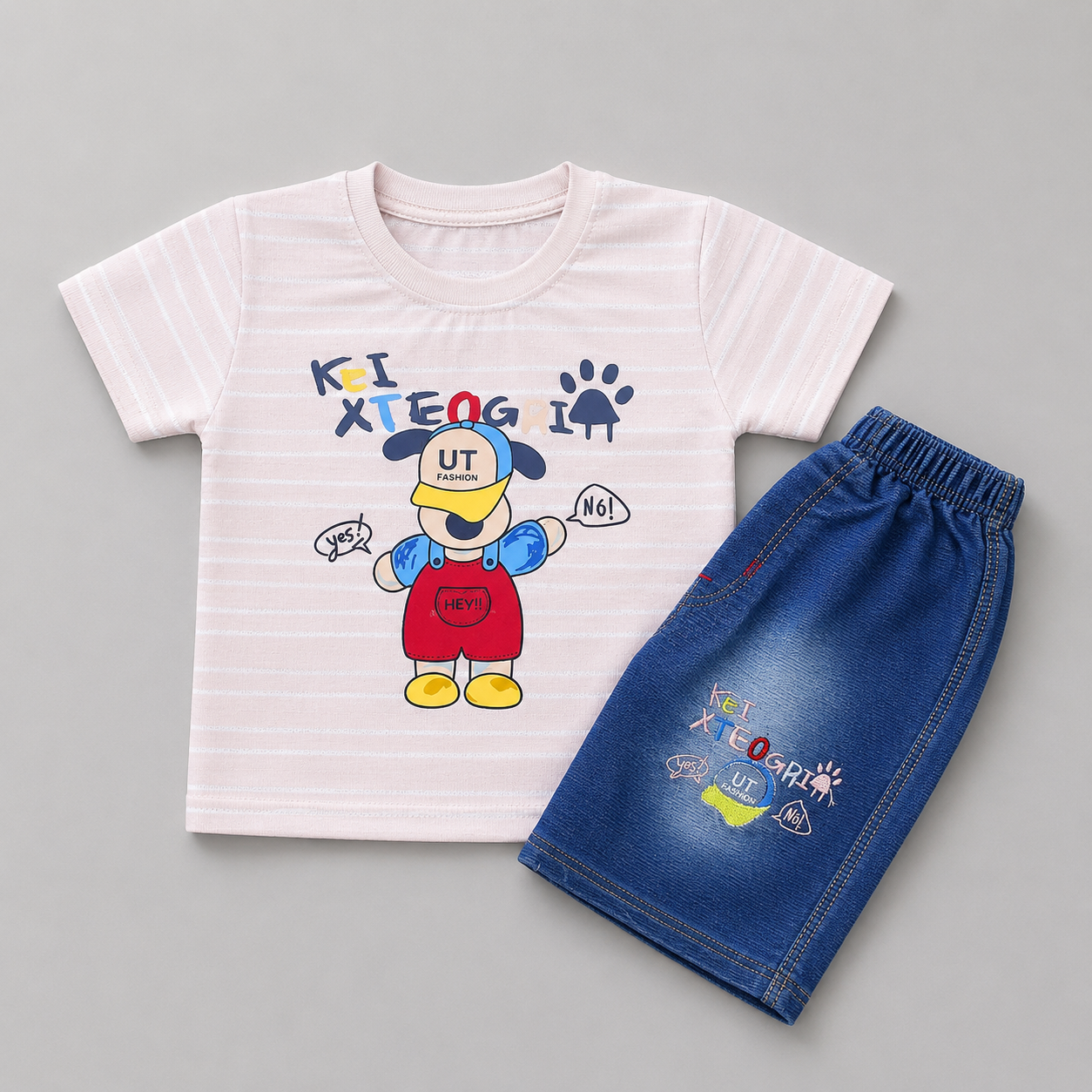 Cute Cartoon Denim Shorts Summer Set