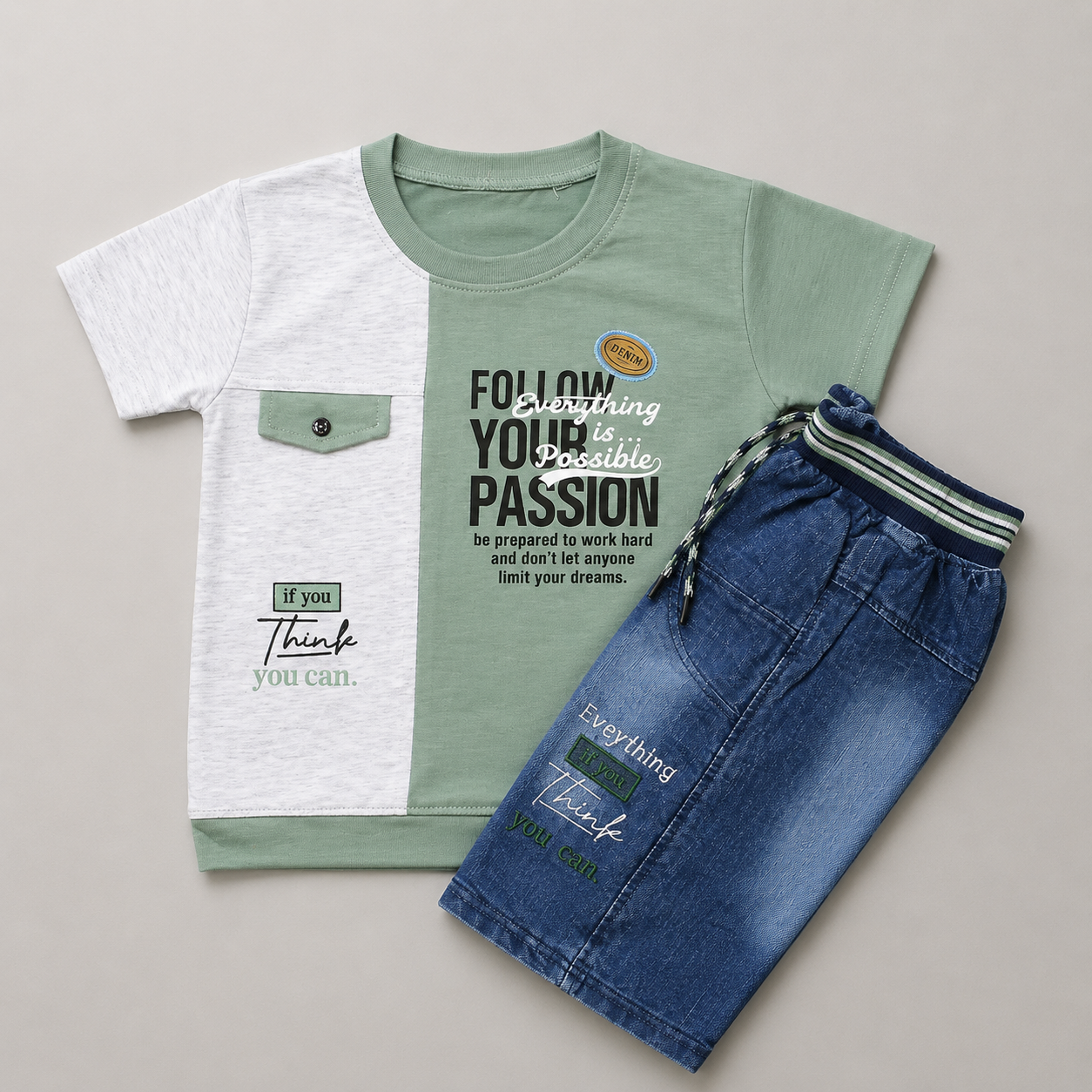 Motivational Boys Denim Shorts Summer Set