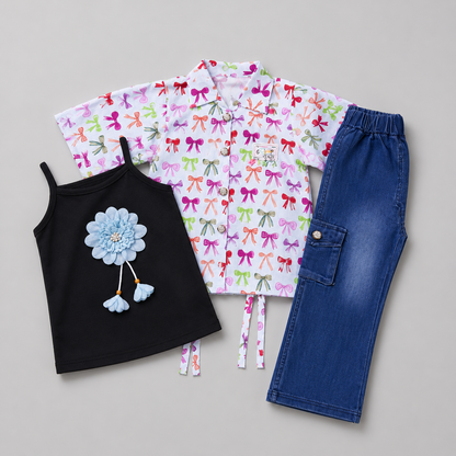 Floral Bow Denim Girls Three Piece Set
