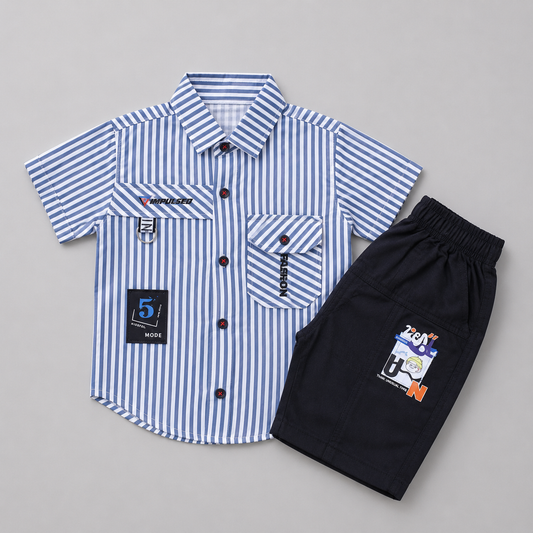 Trendy Striped Boys Shirt & Shorts Summer Set