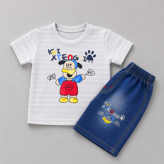 Cute Cartoon Denim Shorts Summer Set