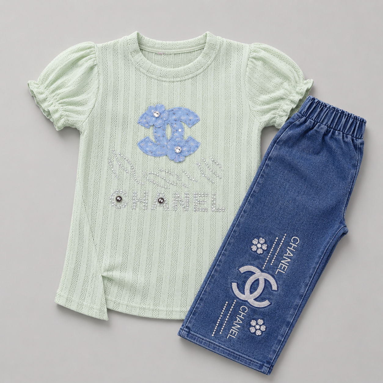 Elegant Floral Denim Girls Fashion Set