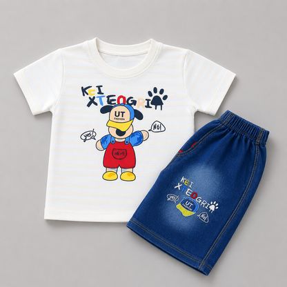 Cute Cartoon Denim Shorts Summer Set