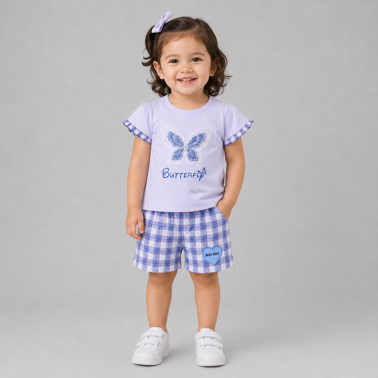 Butterfly Plaid Summer Girls Shorts Set