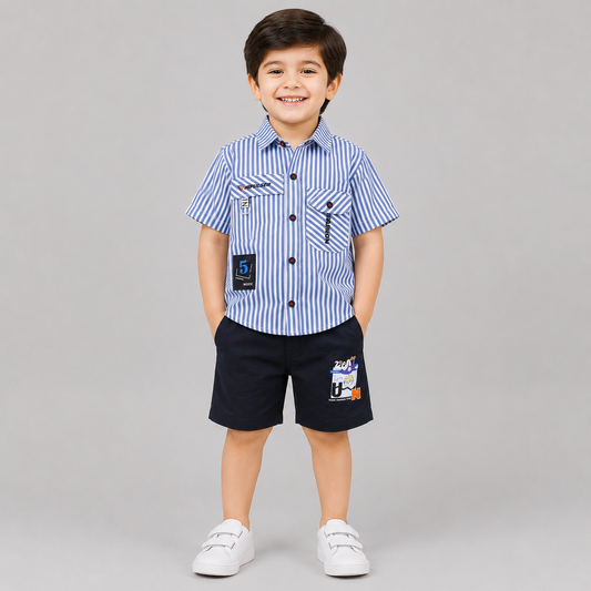 Trendy Striped Boys Shirt & Shorts Summer Set