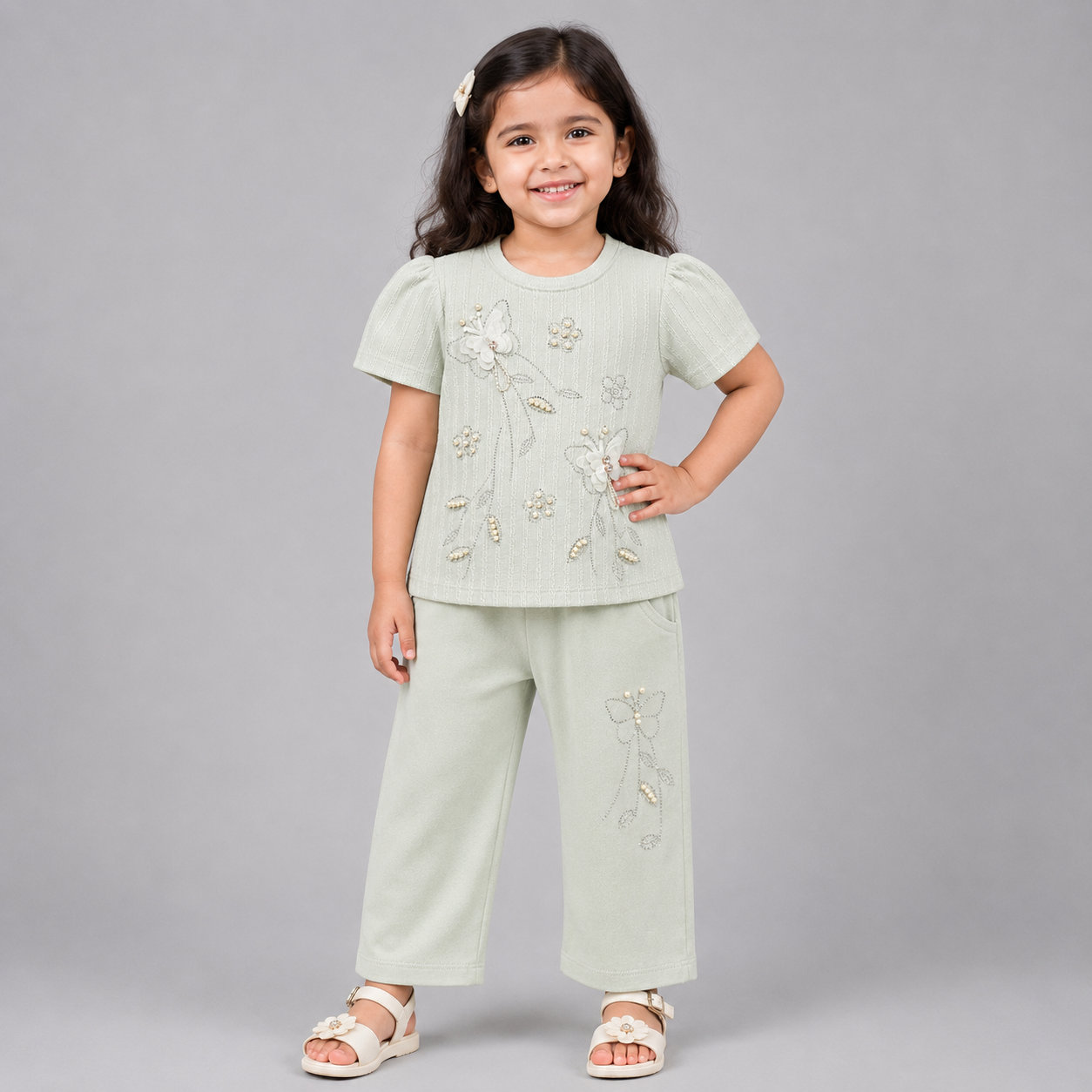 Elegant Pearl Floral Capri Girls Set